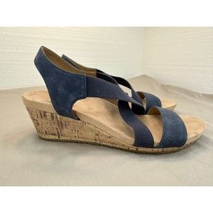Life Stride Soft System Flex Blue Suede Strappy Sandals Cork Wedge Women's 8 W